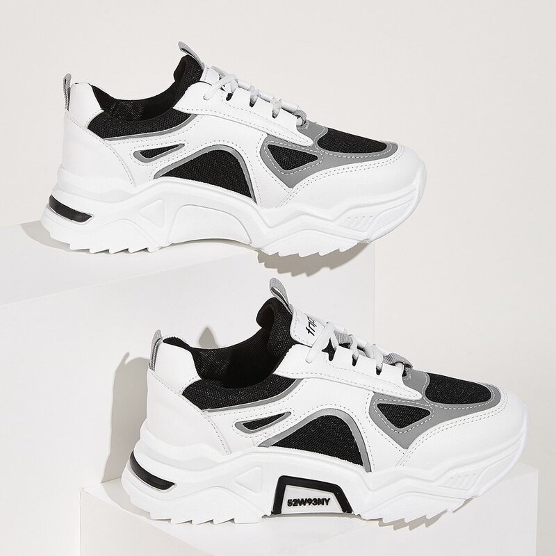 

Contrast Lace-up Front Chunky Sole Sneakers, Black and white