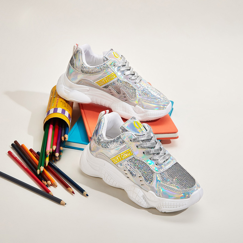 

Holographic Panel Sequin Chunky Sole Sneakers, Multicolor