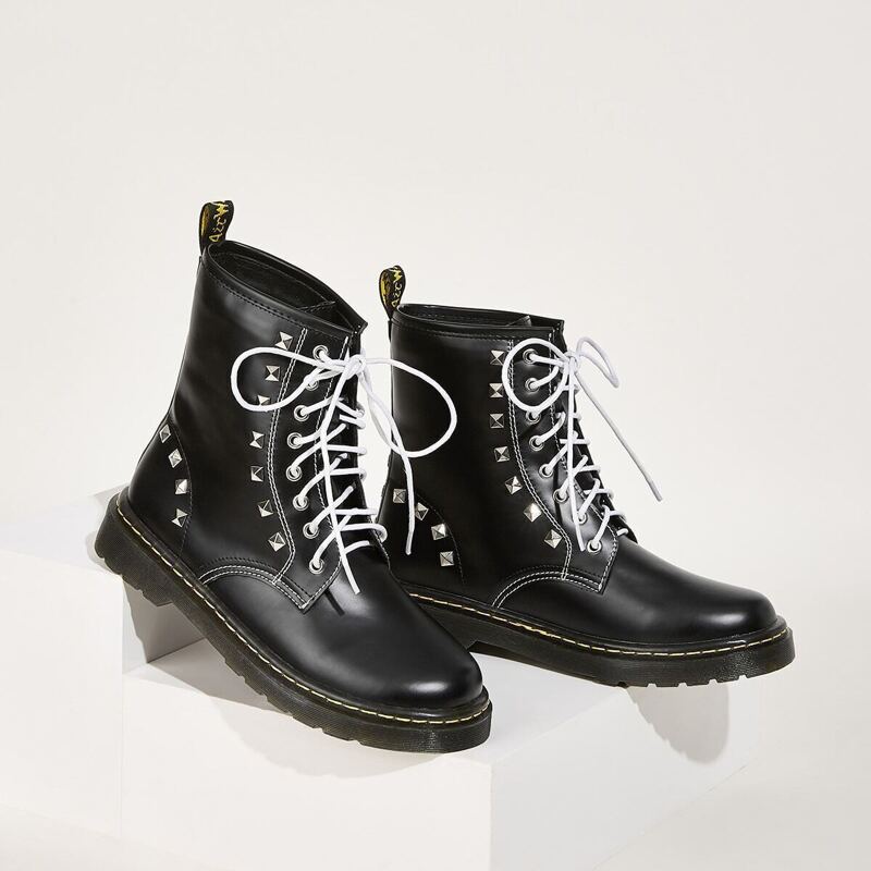 

Studded Decor Lace-up Front Combat Boots, Black