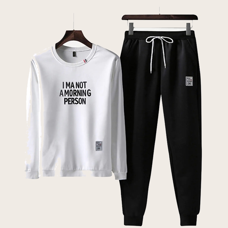 

Guys Letter Graphic Drawstring Tracksuit, Black and white