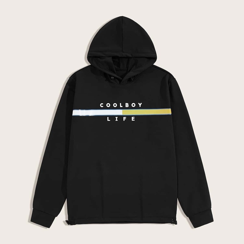 

Guys Letter Print Drawstring Hoodie, Black