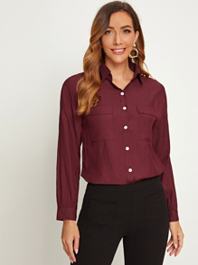 Solid Button Through Double Pocket Blouse