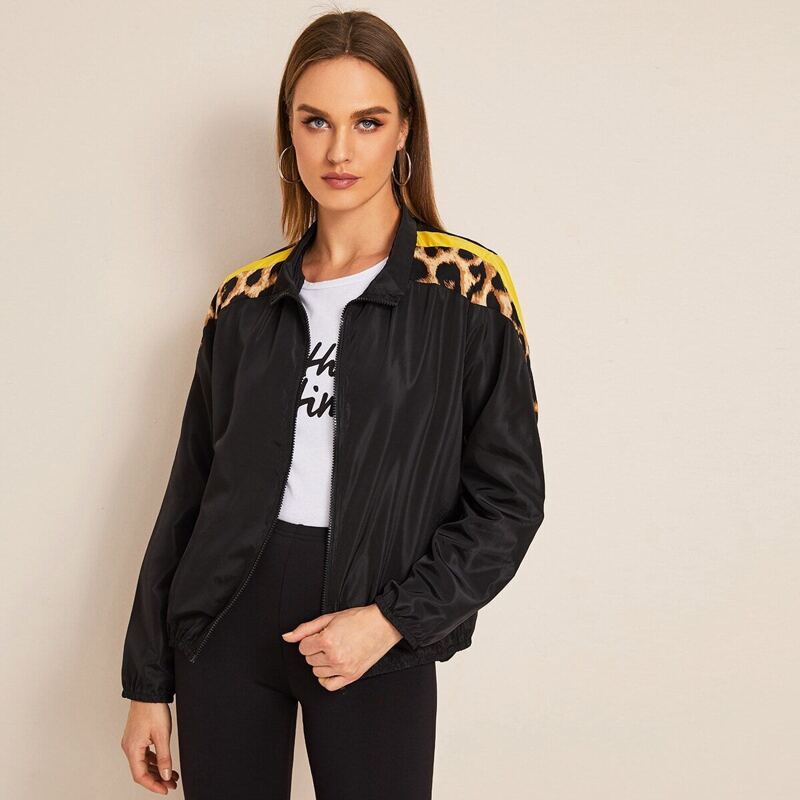 

Contrast Leopard Panel Zip Up Windbreaker Jacket, Black