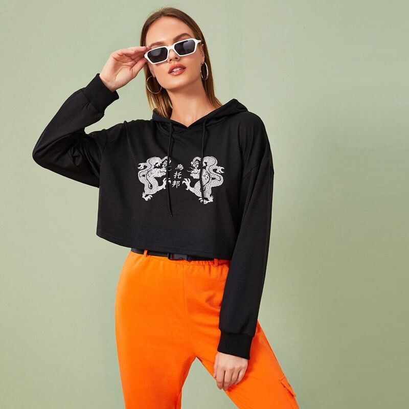 

Dragon & Chinese Characters Print Drawstring Hoodie, Black