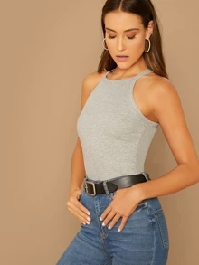 SHEIN EZwear Heathered Knit Ribbed Halter Top - Grey - View 3