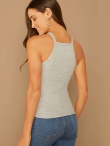 SHEIN EZwear Heathered Knit Ribbed Halter Top - Grey - View 2