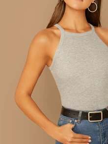 SHEIN EZwear Heathered Knit Ribbed Halter Top - Grey - View 4