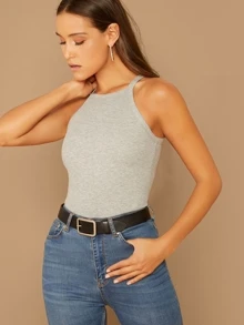 SHEIN EZwear Heathered Knit Ribbed Halter Top - Grey - View 1