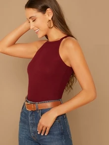 SHEIN EZwear Solid Form Fitted Halter Top - Burgundy - View 3