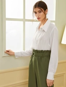 Solid Hidden Button Placket Shirt - White - View 4