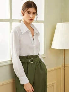Solid Hidden Button Placket Shirt - White - View 3