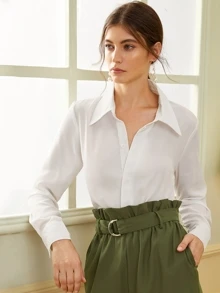 Solid Hidden Button Placket Shirt - White - View 1