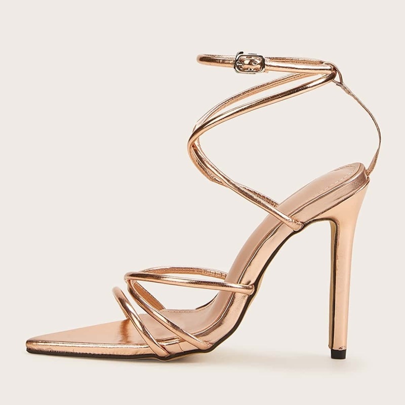 

Ankle Strap Strappy Stiletto Heels, Gold