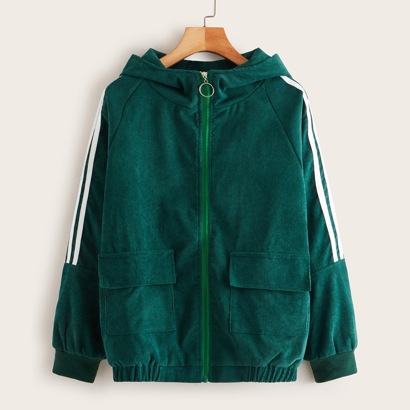 

Corduroy Side Striped Flap Pocket Zipped Hooded Jacket, Dark green