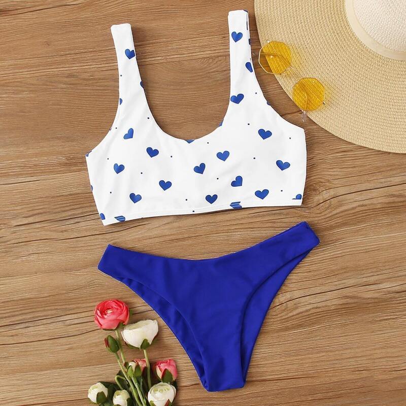 

Heart Print Top With High Cut Bikini Set, Multicolor