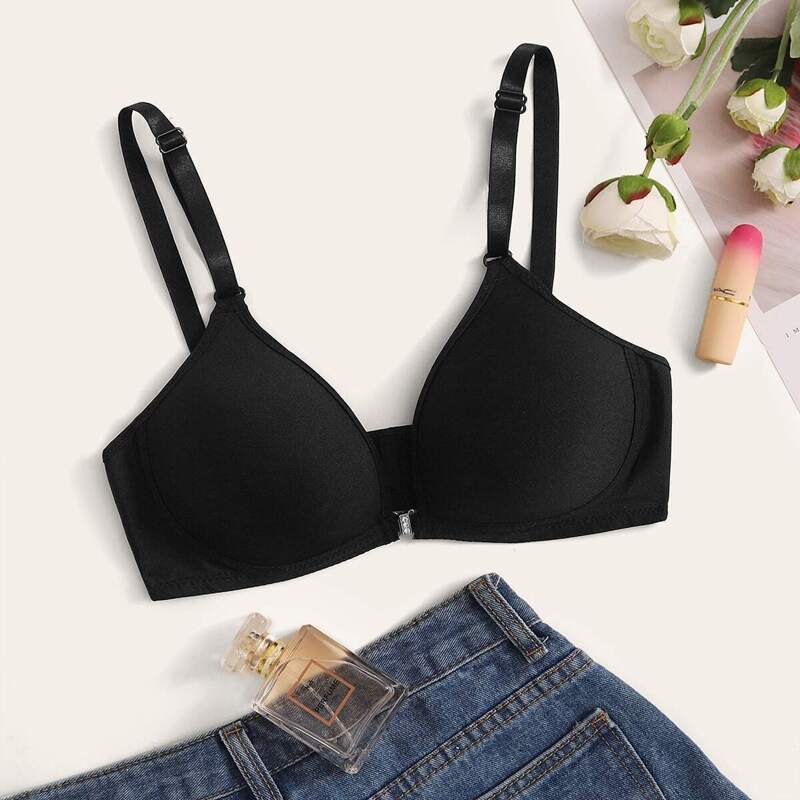 

Hook Front Adjustable Strap Bra, Black