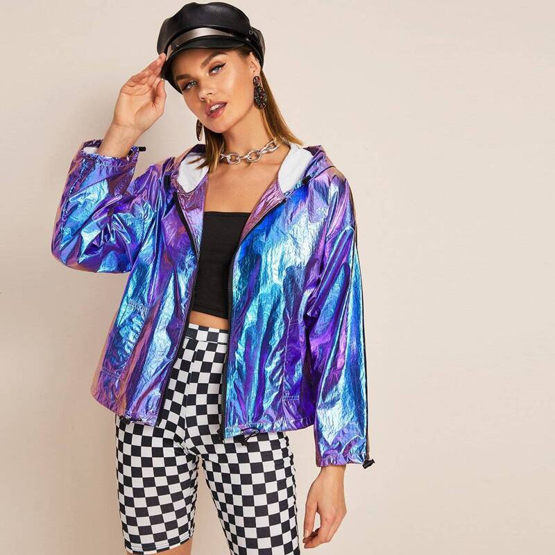 

Drawstring Cuff Zip Up Iridescent Hoodie, Purple