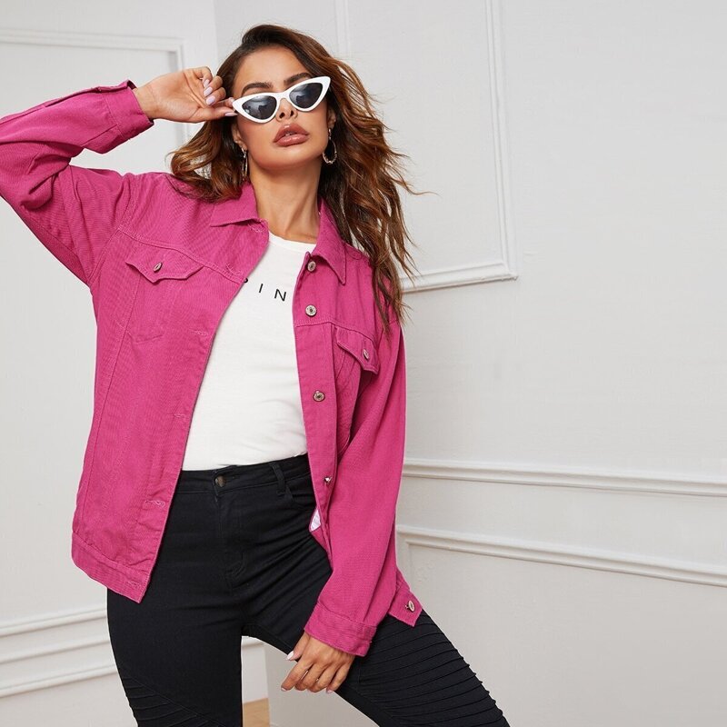 

Flap Pocket Detail Trucker Denim Jacket, Pink bright