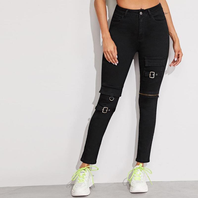 

Zipper Detail Flap Pocket Jeans, Black