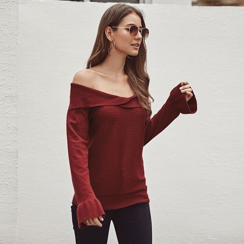 

Flounce Sleeve Bardot Sweater, Burgundy