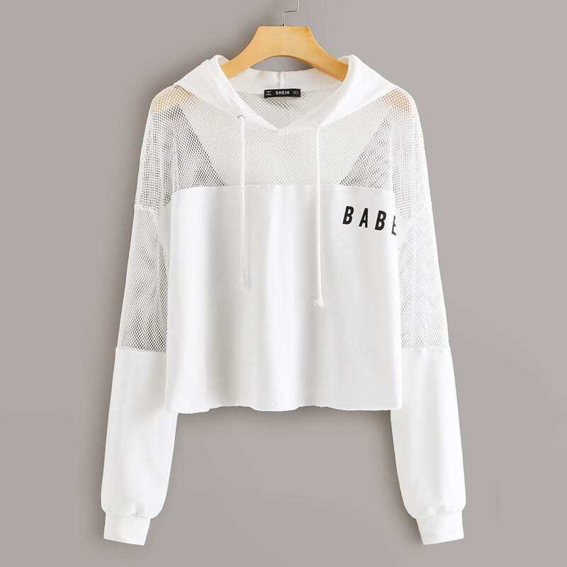 

Mesh Yoke Drop Shoulder Letter Graphic Hoodie, White