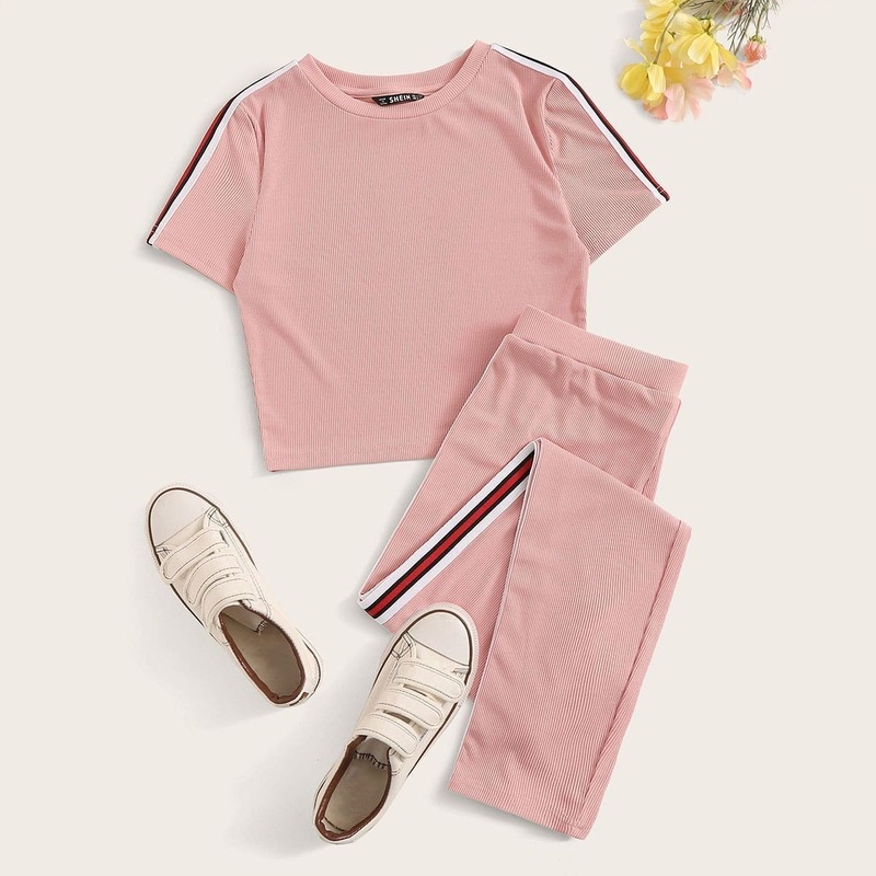 

Striped Tape Detail Ribbed Tee & Pants Set, Pink pastel