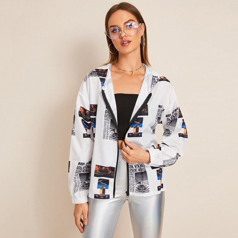 

Letter Print Zipper Hooded Windbreaker Jacket, White