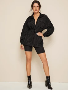 SHEIN Zip Up Pocket Patched Jacket With Push Buckle Belt - Black - View 3