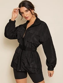 SHEIN Zip Up Pocket Patched Jacket With Push Buckle Belt - Black - View 4