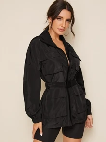 SHEIN Zip Up Pocket Patched Jacket With Push Buckle Belt - Black - View 5