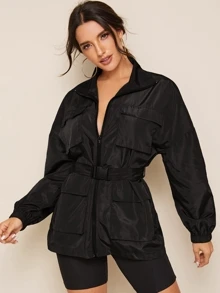SHEIN Zip Up Pocket Patched Jacket With Push Buckle Belt - Black - View 1