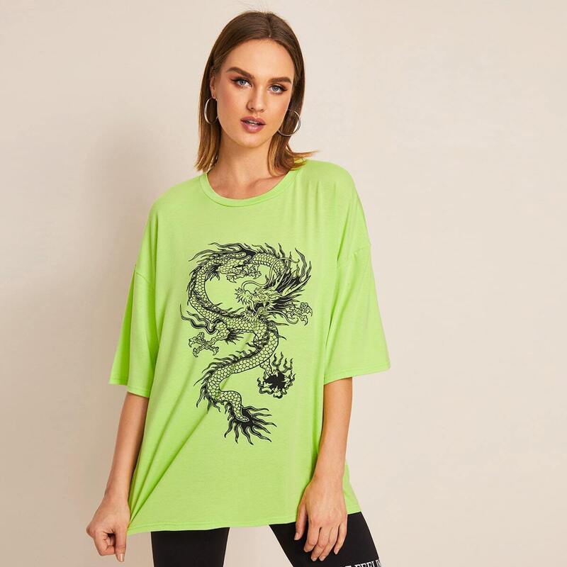 

Neon Green Dragon Print Oversized Tee, Green bright