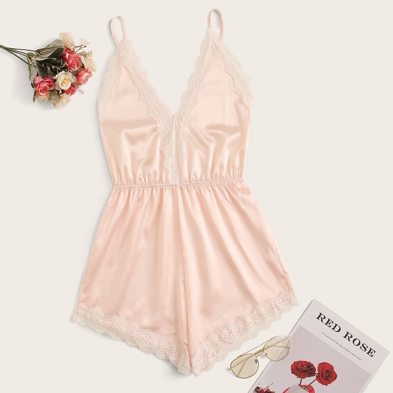 

Scalloped Lace Trim Satin Cami Romper, Pastel baby pink