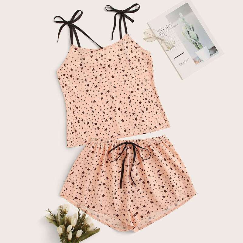 

Star Print Cami Pajama Set, Pink