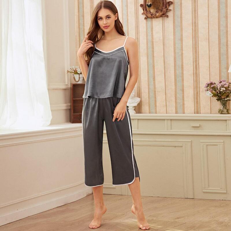 

Contrast Binding Satin Cami PJ Set, Grey