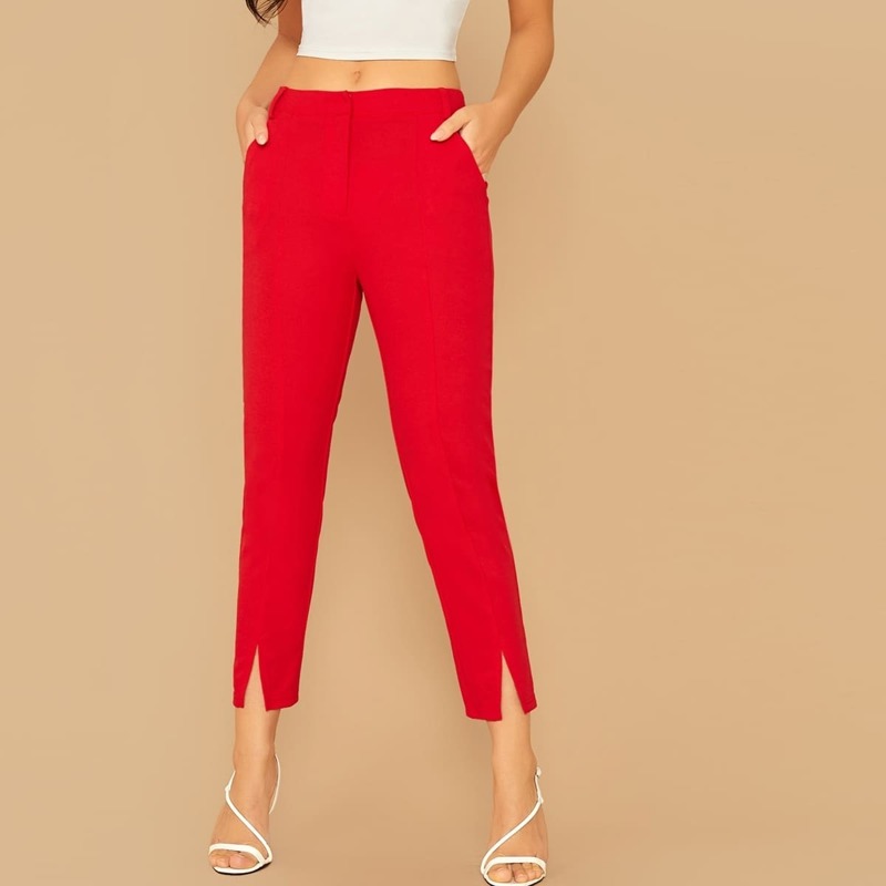

Neon Red Slant Pocket Split Hem Pants, Red bright
