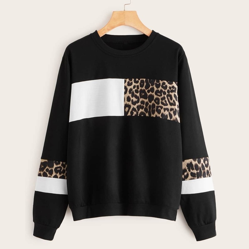 

Plus Leopard Colorblock Round Neck Sweatshirt, Black