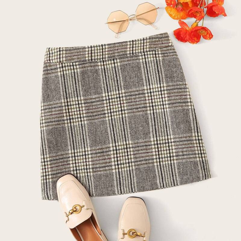 

Zip Detail Plaid Skirt, Grey