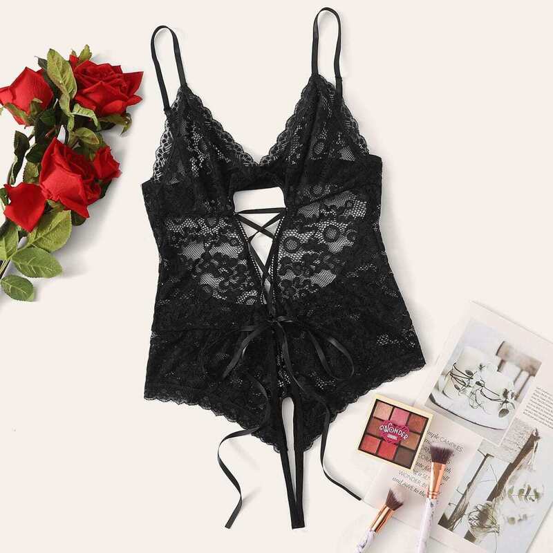 

Floral Lace Cut-out Teddy Bodysuit, Black