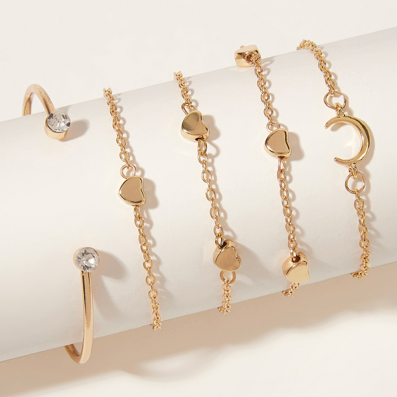 

Heart & Moon Decor Chain Bracelet 5pcs, Gold