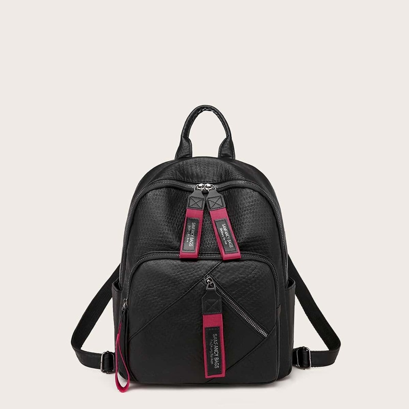 

Slogan Ribbon Decor Textured Backpack, Black