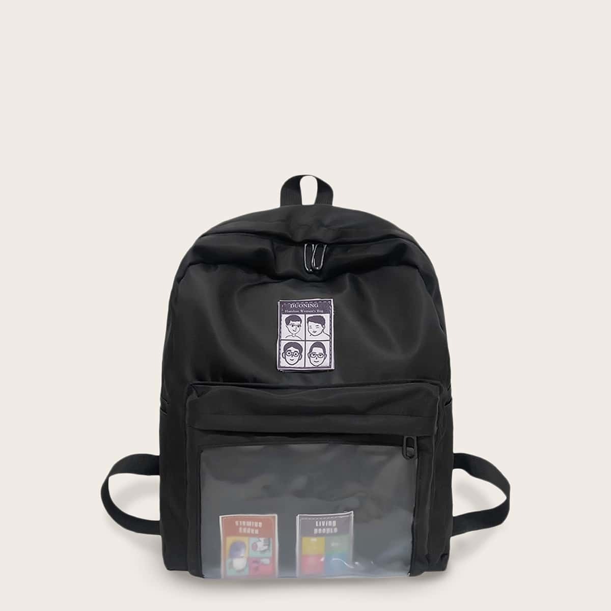 

Figure Print Clear Pocket Front Backpack, Black