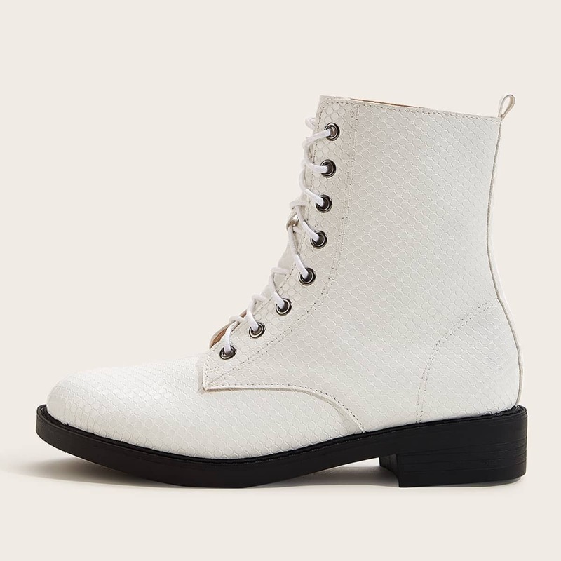 

Lace-up Front Textured Combat Boots, White