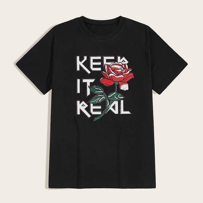 

Guys Letter And Rose Print Tee, Black