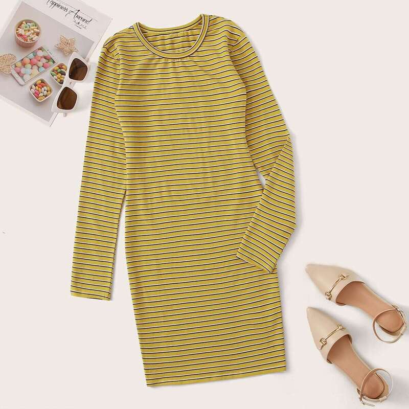 

Striped Long Sleeve Fitted Dress, Yellow