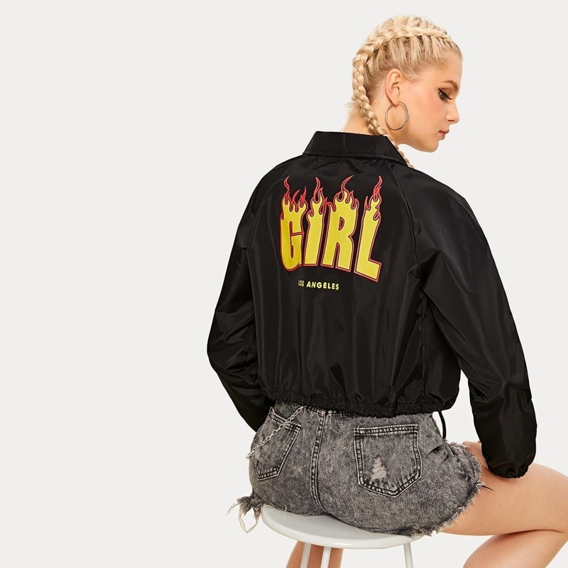 

Letter Print Raglan Sleeve Windbreaker Jacket, Black