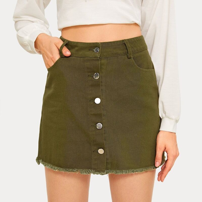 

Solid Button Through Raw Hem Denim Skirt, Army green