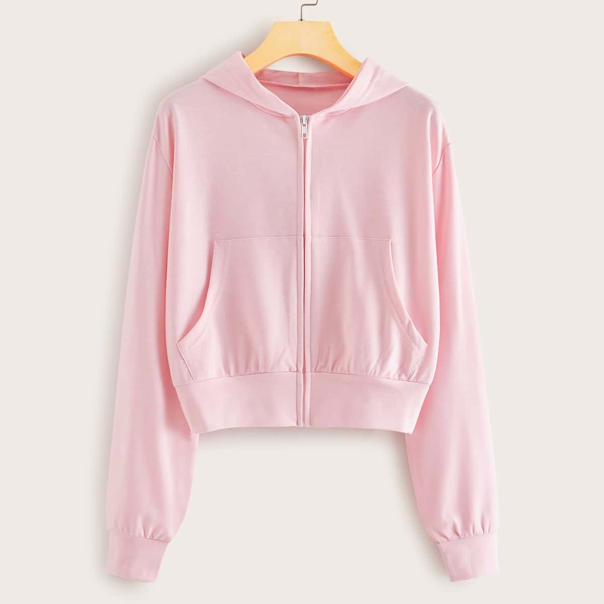 

Solid Pocket Front Zip-up Hoodie, Pink pastel