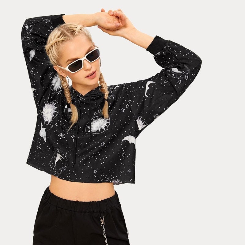 

Galaxy Print Drawstring Crop Hoodie, Black