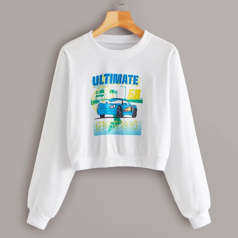 

Letter And Car Print Crop Sweatshirt, White
